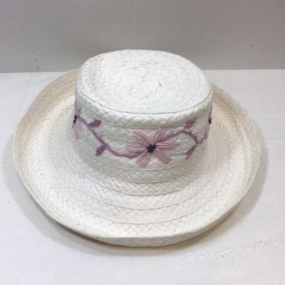 White Woven Sun Hat w/Purple Embroidered Flowers - Picture 1 of 14
